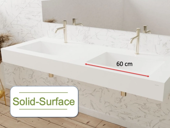 Plan double vasque bassin Design 60 cm, sur mesure, L. 160 à 200 cm x P. 40 à 60 cm, résine minérale ACRYSTONE® SOLID-SURFACE Finition lisse, Livraison Offerte et Rapide.